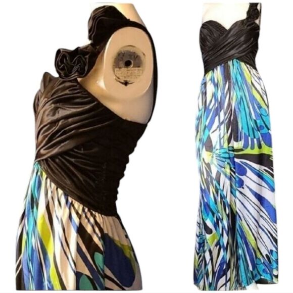 My Michelle One Shoulder Peacock Maxi Dress Colorful Satin Sweetheart Rosette - Picture 8 of 15